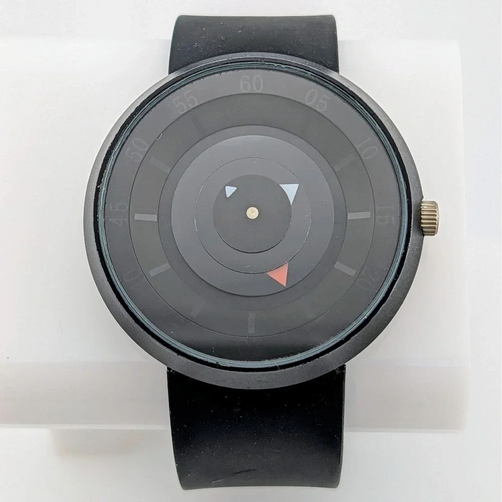 Men's 44mm Black Rotating Disc Mystery Dial Quartz Watch Rubber Strap